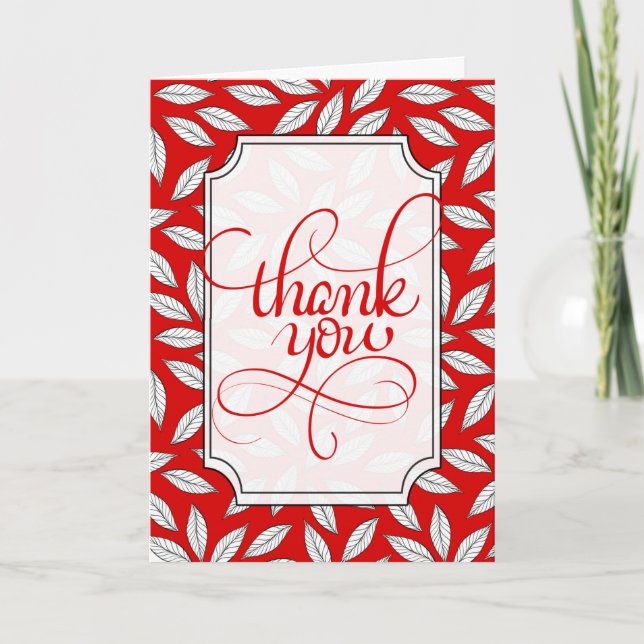 Volunteer Modern Red and White Leafy Botanical Thank You Card (Front)