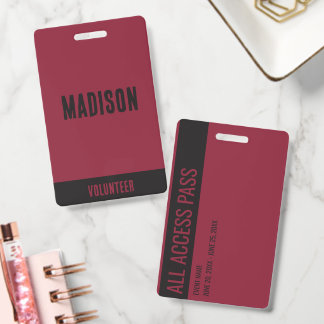 Volunteer Name All Access Pass Event maroon black Badge