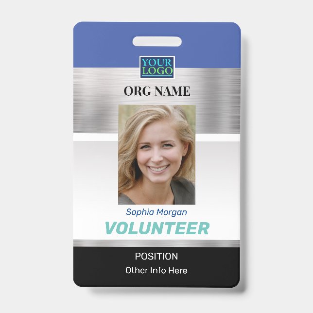 Volunteer, Photo Name Logo Info, Silver Blue Black Badge (Front)