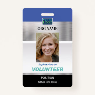 Volunteer, Photo Name Logo Info, Silver Blue Black Badge