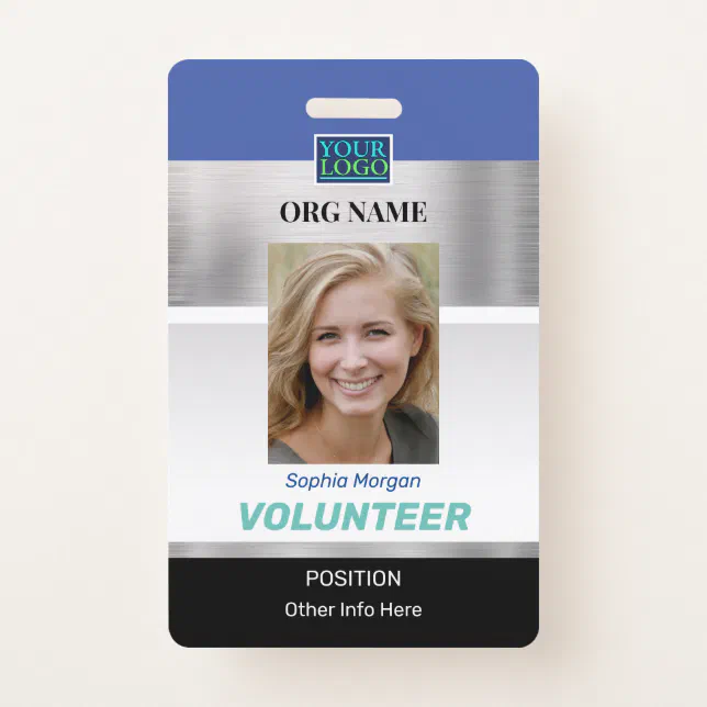 Volunteer, Photo Name Logo Info, Silver Blue Black Badge | Zazzle