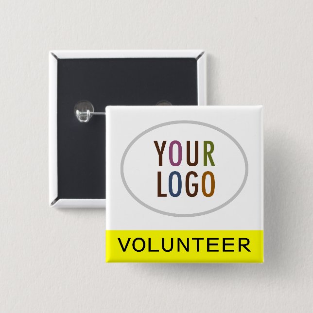 Volunteer Pinback Badge Custom Logo Yellow Square Button (Front & Back)