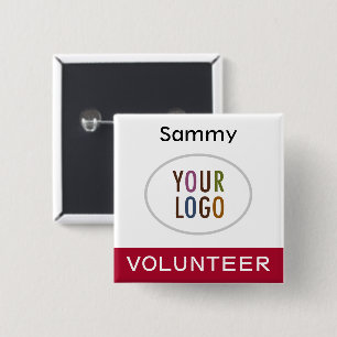 Volunteer Pinback Badge with Logo Dark Red Square Button