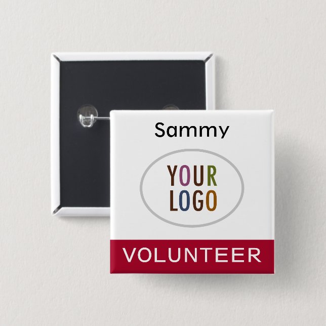Volunteer Pinback Badge with Logo Dark Red Square Button (Front & Back)