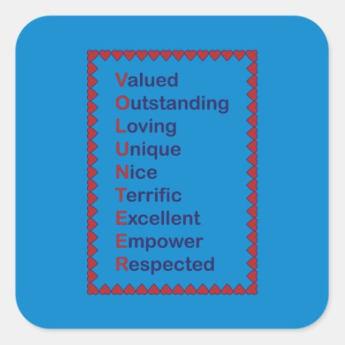 Volunteer Typography Red Hearts Blue Background Square Sticker