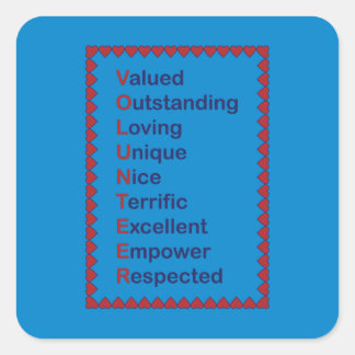 Volunteer Typography Red Hearts Blue Background Square Sticker