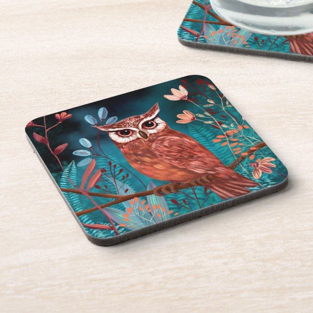 Vom Künstler handillustrierte Eule – Boho Natur Beverage Coaster (Left Side)