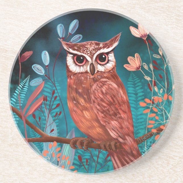 Vom Künstler handillustrierte Eule – Boho Natur Coaster (Front)