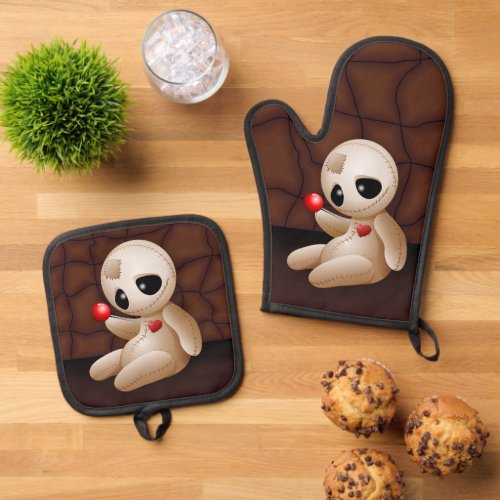 Voodoo Doll Cartoon in Love Oven Mitt  Pot Holder Set