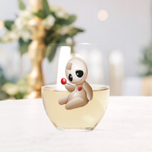 Voodoo Doll Cartoon in Love Stemless Wine Glass