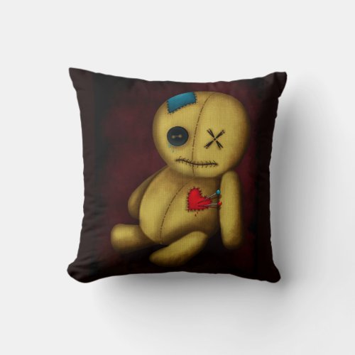 Voodoo Rag Doll with buttons Patches and Pins Throw Pillow