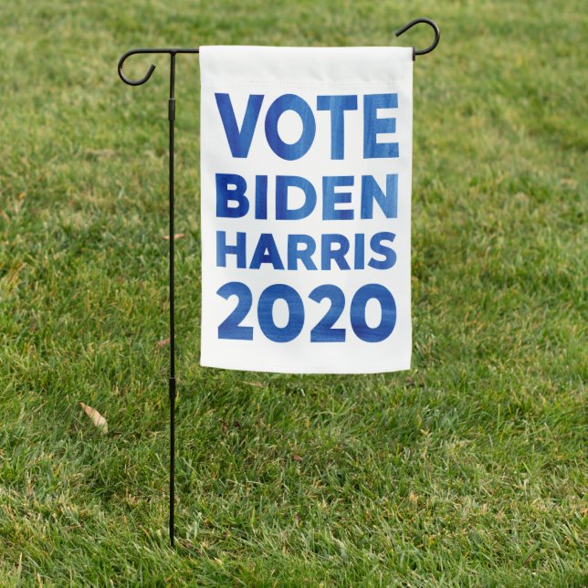 Vote Biden Harris 2020 bold blue text 1-sided Garden Flag (In SItu)