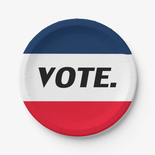 "Vote" black letters, red blue white party Paper Plates (Front)