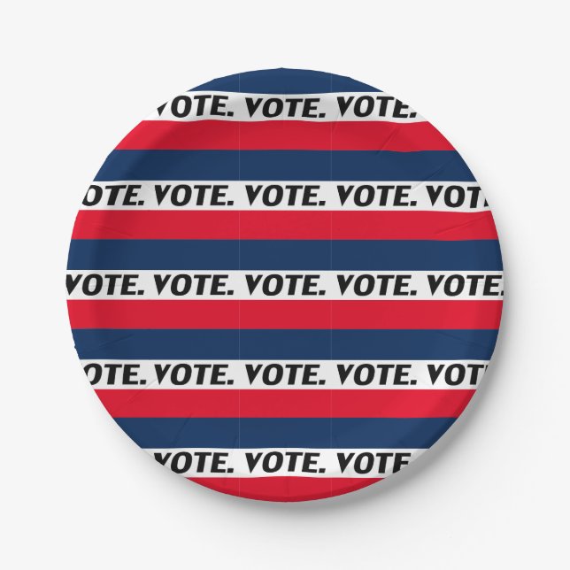 "Vote" black letters, red blue white party Paper Plates (Front)