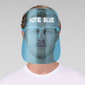 Vote Blue bold white text on Light Blue Tinted Face Shield (Insitu)
