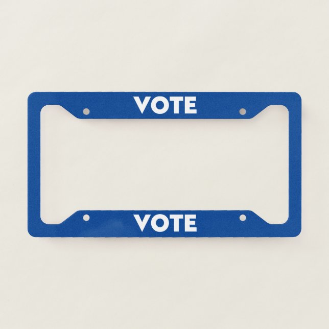Vote blue white modern bold typography simple license plate frame (Front)
