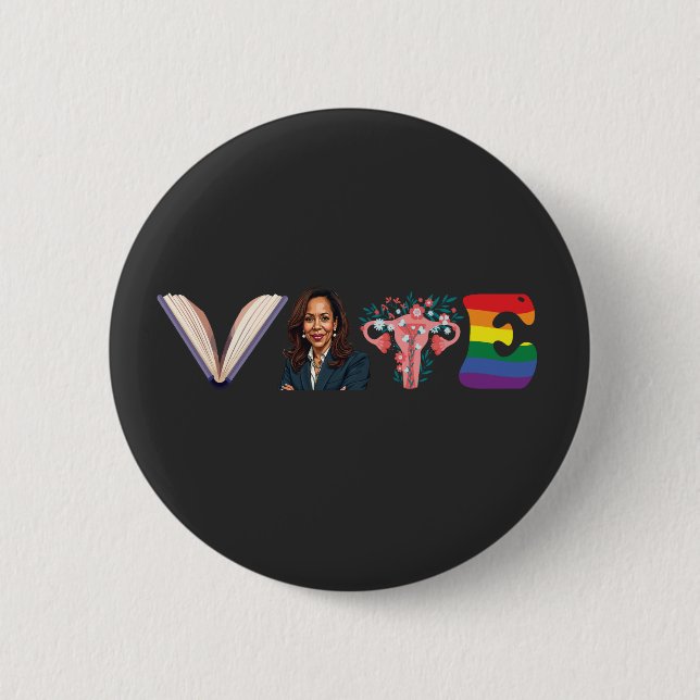 VOTE Books Uterus LGBT Kamala Harris Walz Election Button (Front)