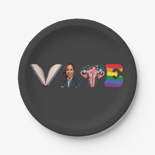 VOTE Books Uterus LGBT Kamala Harris Walz Election Paper Plates (Front)