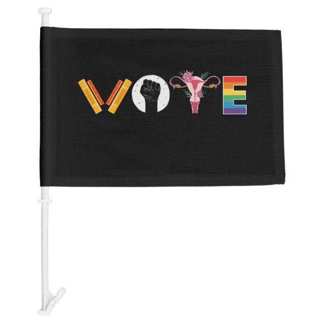 VOTE Books Uterus LGBT Support Car Flag (Front)