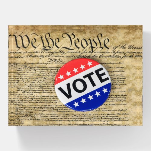 Vote Button On US Constitution Paperweight