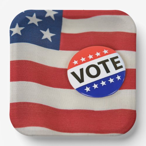 Vote Button On USA Flag Paper Plates