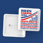 Vote for Biden Harris 2024 Election Platform Button<br><div class="desc">Vote for Joe Biden and Kamala Harris for president and VP in the 2024 presidential election to support the democratic party platform. This political button shows a list of six reasons: LGBTQ rights, women's healthcare, environmental policy, student loan reform, equal opportunity for minorities and women, sensible gun laws, and other...</div>