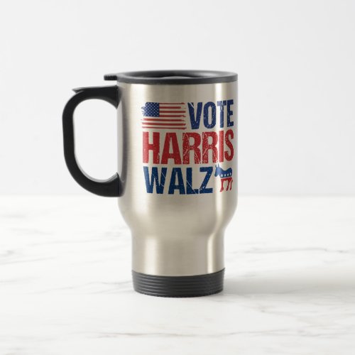 Vote Harris Walz American Flag Democrat Donkey Travel Mug