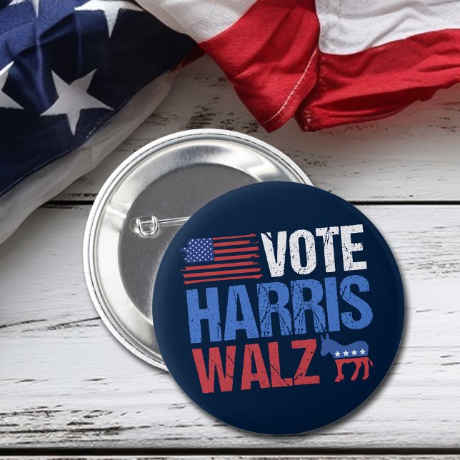 Vote Harris Walz Democrat Donkey American Flag Button (Creator Uploaded)