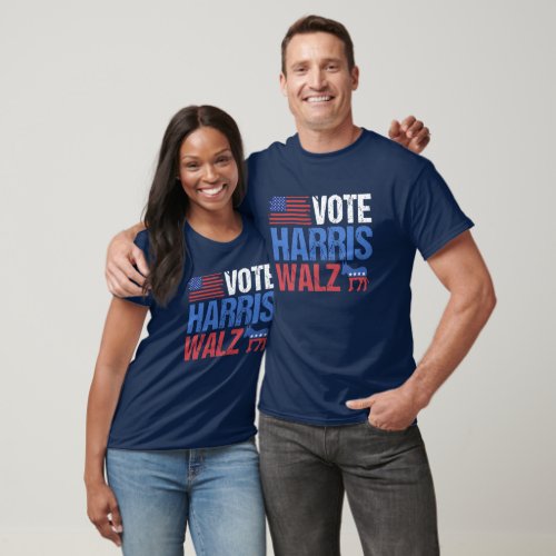 Vote Harris Walz Democrat Donkey American Flag T_Shirt