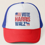 Vote Harris Walz Democrat Donkey American Flag Trucker Hat<br><div class="desc">Vote Harris Walz hat with the American flag and democrat donkey in red,  white,  and blue. Kamala Harris and Tim Walz for president and vice president as the democratic party candidates in this cool,  patriotic design for the 2024 election.</div>