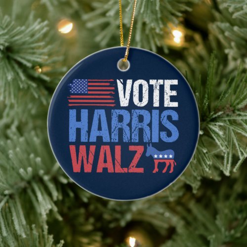 Vote Harris Walz Democrat Donkey Blue Christmas Ceramic Ornament