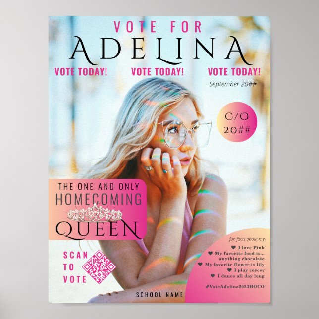 Vote Homecoming Queen Pink Magazine Style HOCO Poster (Front)