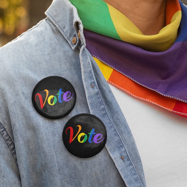 Vote Rainbow Gay Pride Political Election Black Button (Creator Uploaded)