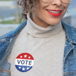 Vote Red and Blue Election Button<br><div class="desc">Nonpartisan round "Vote" pin button design features patriotic red,  white and blue colors with navy text and white star accents.</div>