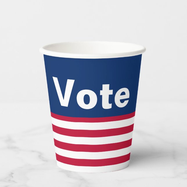 Vote Red White and Blue Text and Stripes Paper Cups (Front)