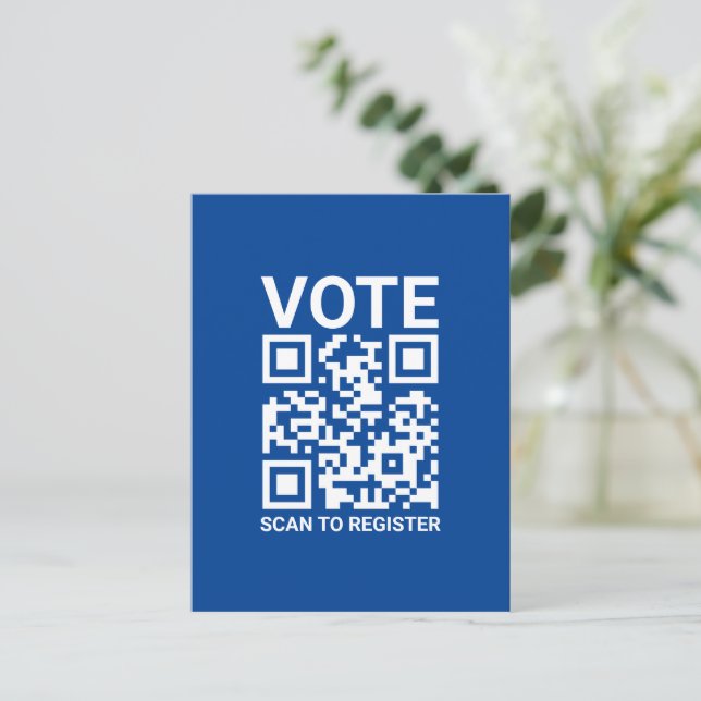 Vote Scan QR Code to register custom text blue Postcard (Standing Front)