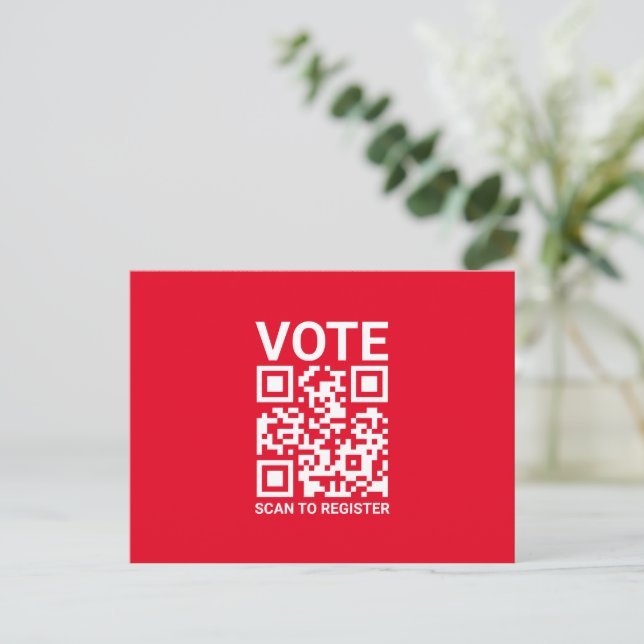 Vote Scan QR Code to register red custom Postcard (Standing Front)