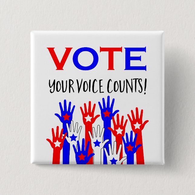 Vote! Your voice counts! Patriotic hands stars Button (Front)