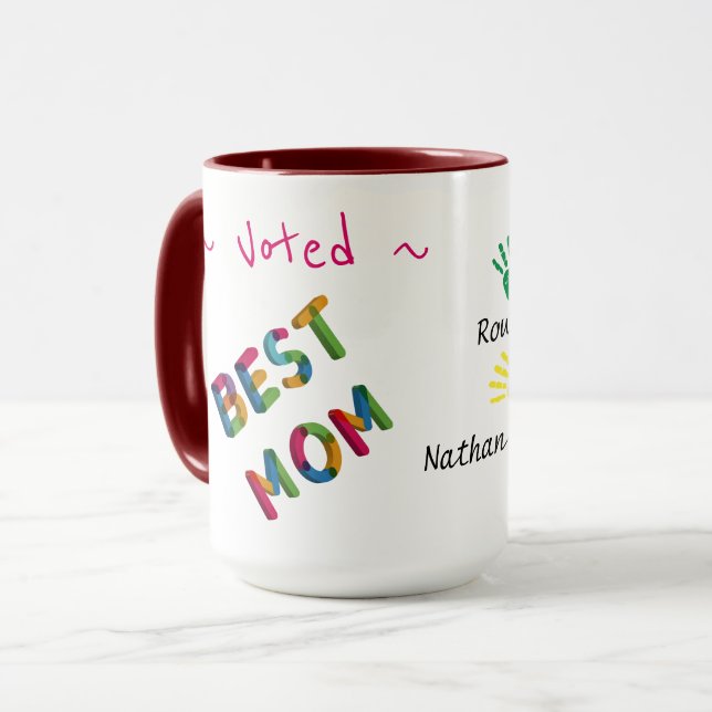 Voted Best Mom Child Hand print art Personalize Mug (Front Left)