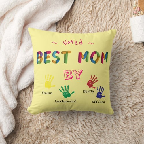 Voted Best Mom Hand art on Yellow Personalize Throw Pillow