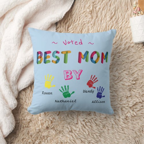 Voted Best Mom Hand art Pastel Blue Personalize Throw Pillow