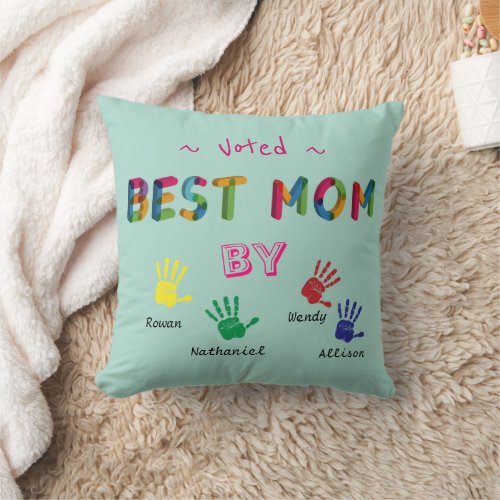 Voted Best Mom Hand print art on Blue Personalize Throw Pillow