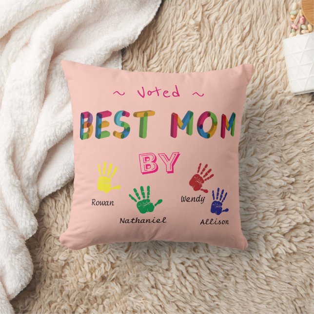 Voted Best Mom Hand print art on Pink Personalize  Throw Pillow (Blanket)