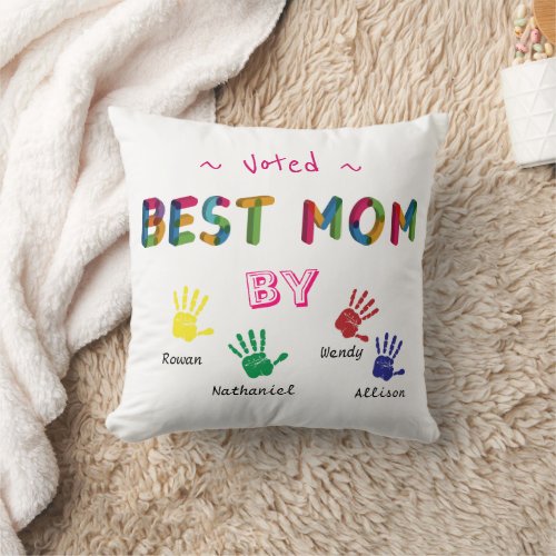 Voted Best Mom Hand print art White Personalize  Throw Pillow