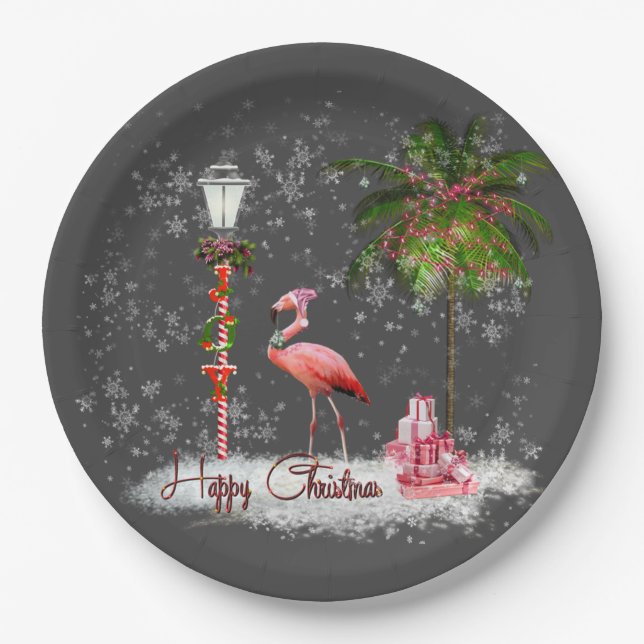Votos de Natal de Flamingo Paper Plates (Front)