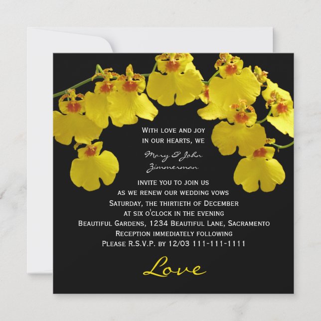 Vow Renewal Bright Yellow Orchids on Black Invitation (Front)