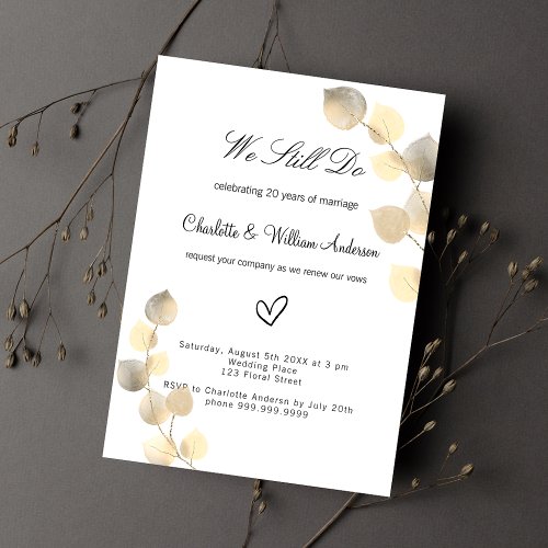 Vow renewal golden eucalyptus foliage white invitation postcard