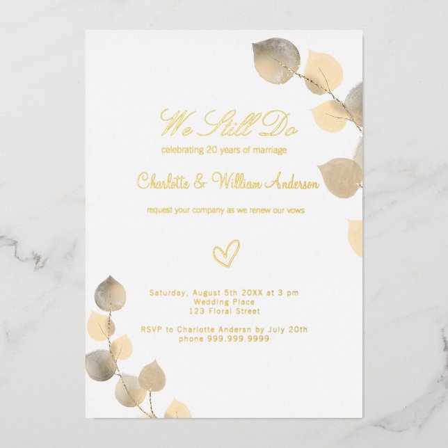 Vow renewal golden eucalyptus wedding foil invitation (Front)