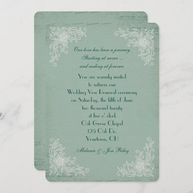 Vow Renewal-lace corners on green texture music Invitation (Front/Back)