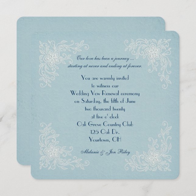 Vow Renewal-lace corners on soft aqua texture Invitation (Front/Back)